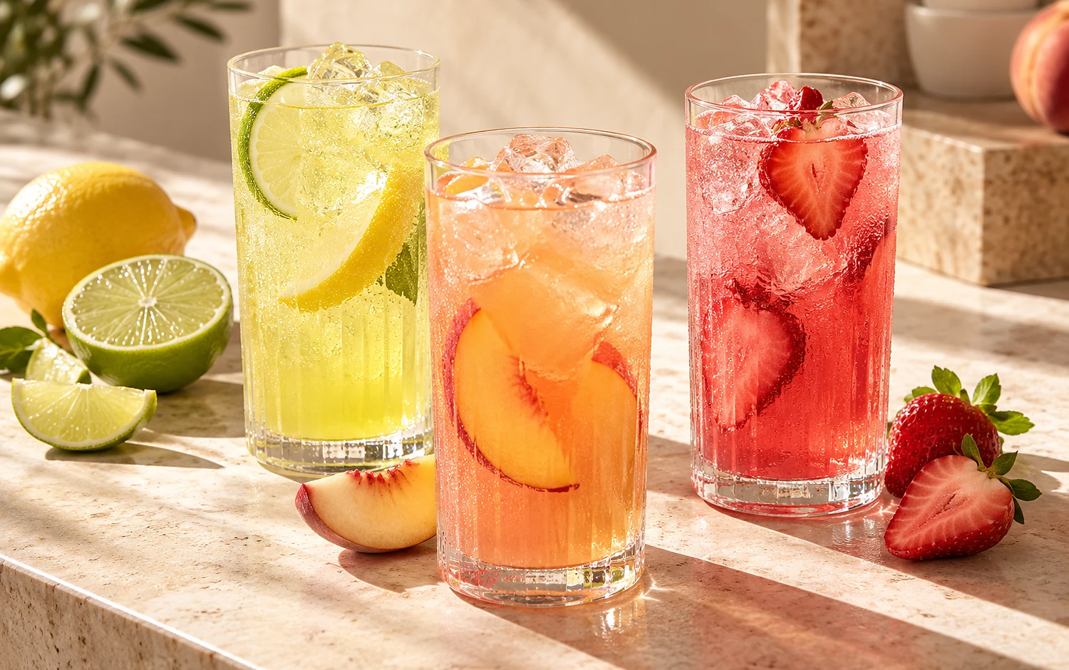 Bright fruit drinks with ice